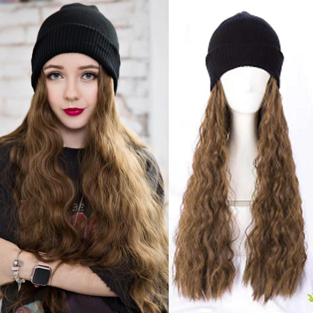 

22 Inch Curly Wavy Synthetic Wig Beanies Hat With Hair Wigs For Women Warm Soft Ski Knitted Winter Cap