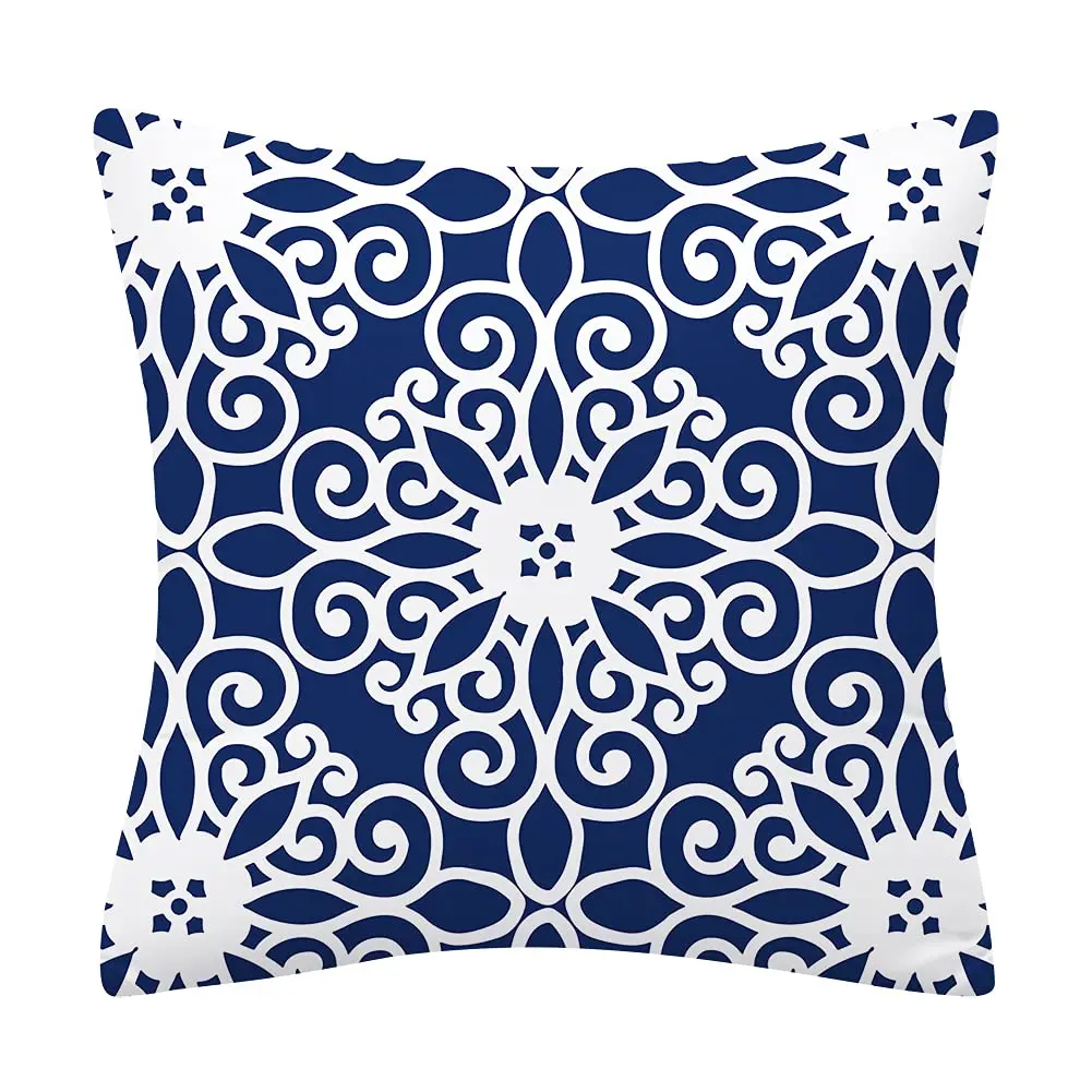Нордическая сине-белая льняная наволочка с классическим узором для дивана