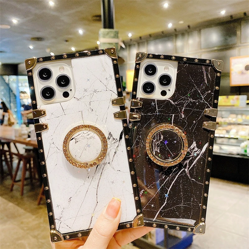 

Luxury Glossy Marble Texture Square Phone Case For iphone 12Pro MAX 11 XS MAX XR 7 8 Plus Glitter Diamond Ring Holder Soft Cover