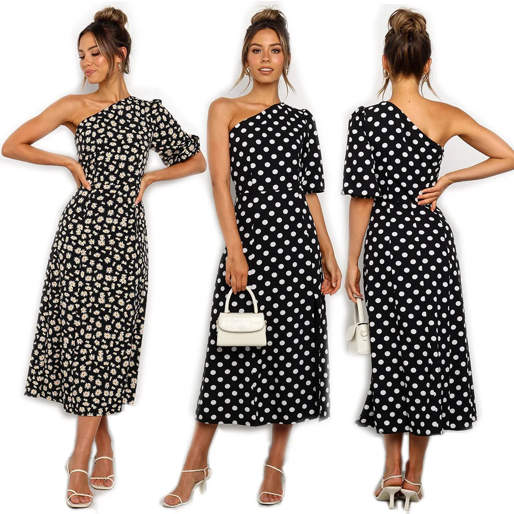 

Women Single Shoulder Sleeve Long Dress Dot Daisy Print Elegant Sexy Dress Party Vestidos