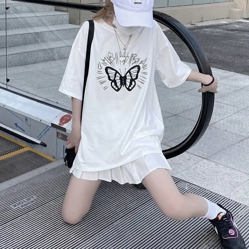 

T-shirt Female Cotton Short Sleeve Summer Harajuku Japanese New Butterfly Print Loose BF Student Top Gothic Punk Clothes Print
