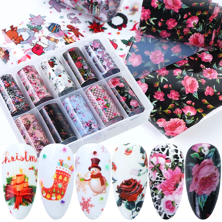 10 шт. Набор наклеек из фольги для ногтей рождественские Слайдеры гелевые