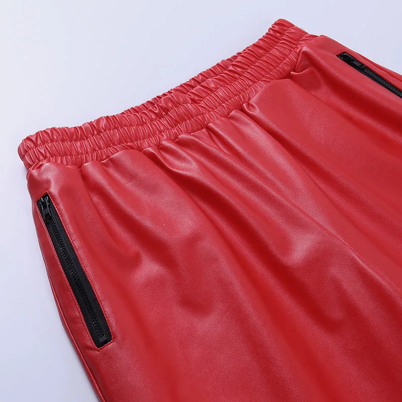 

Faux Leather Pants Women Fall Fashion Straight Elastic Waist Red PU Zipper Pockets Casual Womens Bottoms Lugentolo