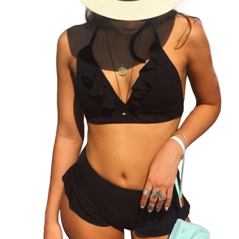 2020 женский купальник пуш ап Мягкий Одноцветный на бретельках с оборками и