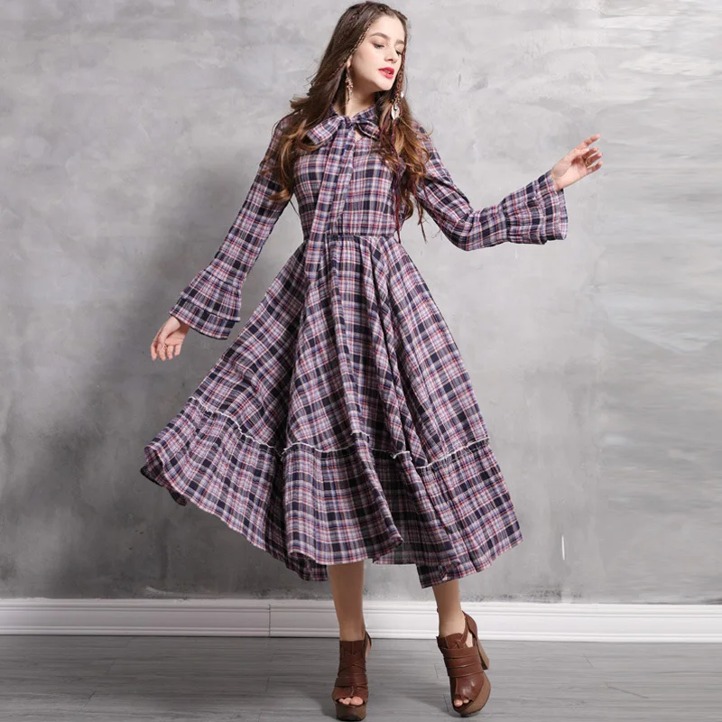

The new spring 2020 lace-up posed long retro plaid bow waist A82133 elegant dress