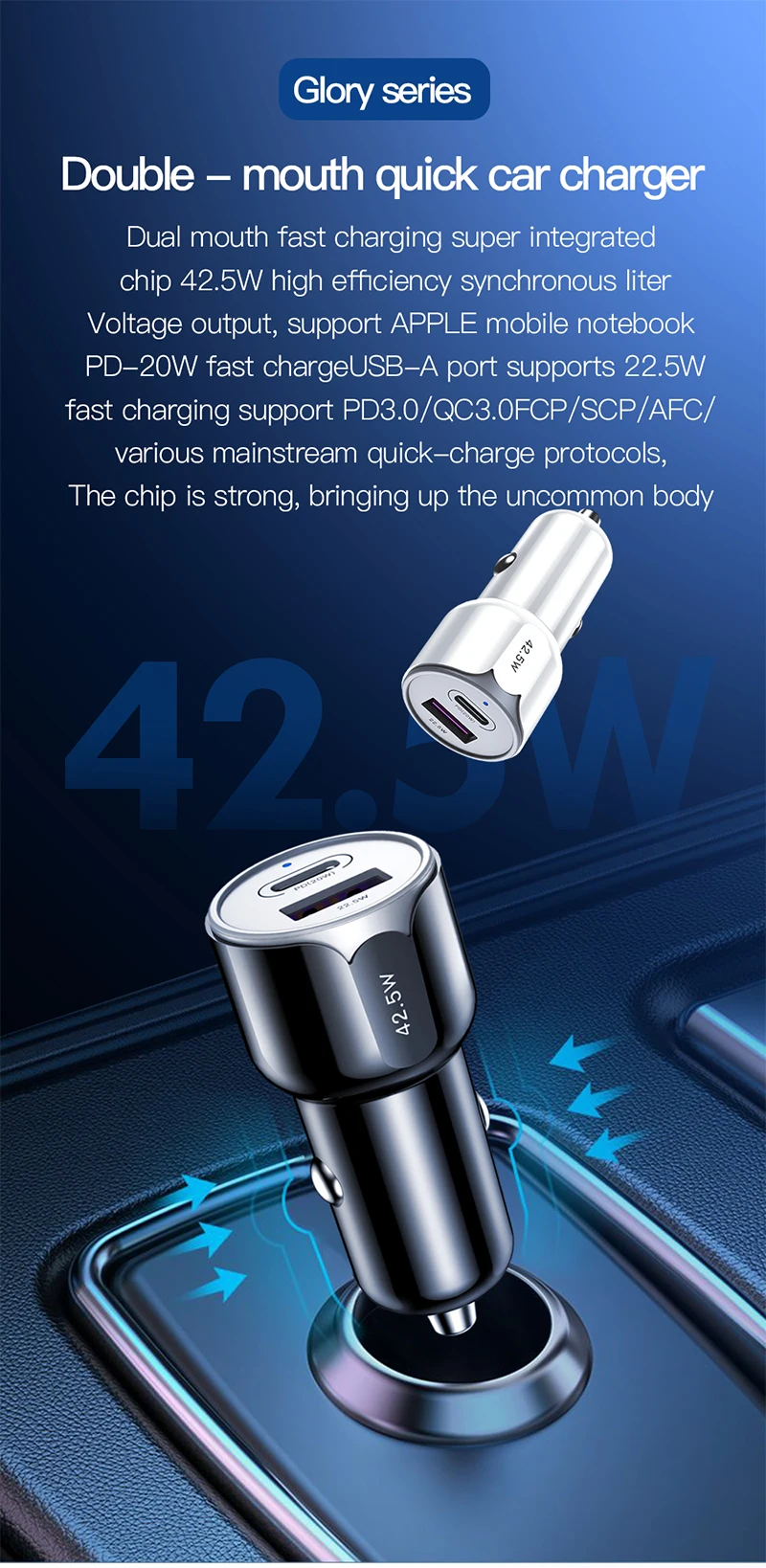 

Fast Car Charger USB+Type-C(PD3.0)42.5W(Max)Super Chip Dual-Port Fast Charging,Suitable For All Smart Phones, Laptops, Long Life