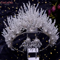 youlapan hp399 handmade crystal crown pearl hairbands spiked goddess crown cosplay wedding party indian bridal hair accessories