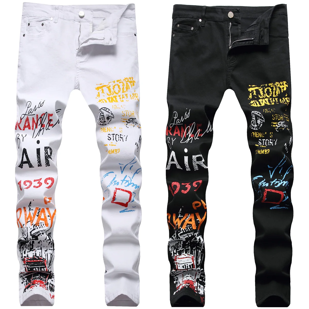 

Spring and summer new white printed personality jeans men's fashion brand long pants