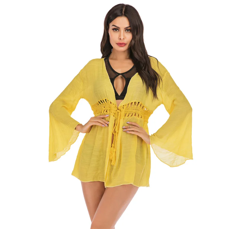 

Women's Long Bell Sleeve Drawstring Fringe Crochet Beach Blouse Beach Bikini With Loose Hook Sunscreen Jacket