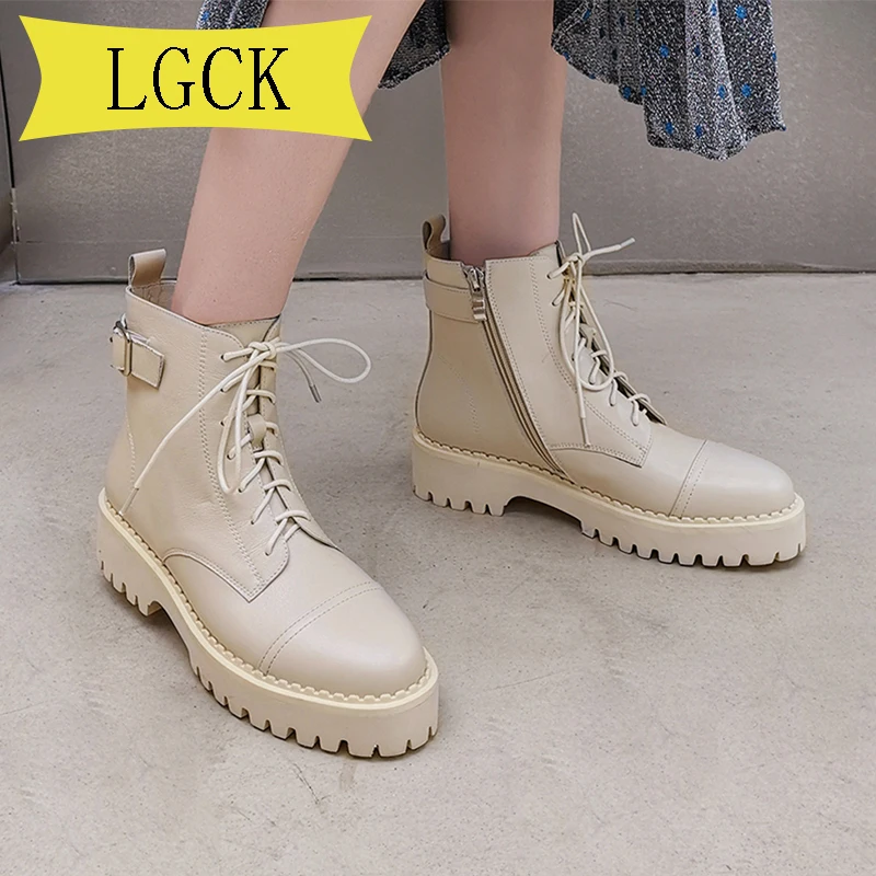 Online Besar Ukuran 34-40 Kulit Asli Platform Boot Baru Musim Gugur Wanita Cahaya Nyaman Chunky Sepatu Fashion Renda Wanita Sepatu Alas Kaki