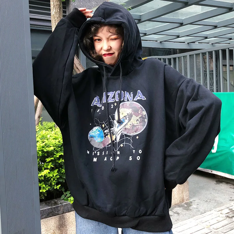 Модная осенне-зимняя женская черная свободная толстовка с буквенным принтом и