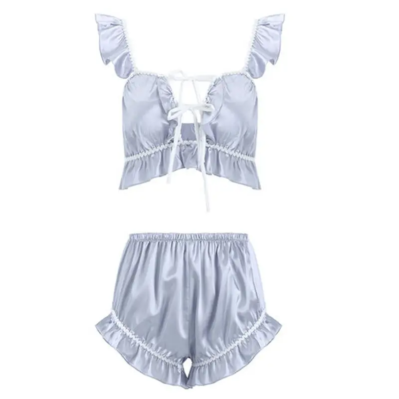 

Женское блестящее нижнее белье служанки, сексуальный короткий топ на шнуровке с открытой спиной, шорты с оборками, ночная одежда Q6PB