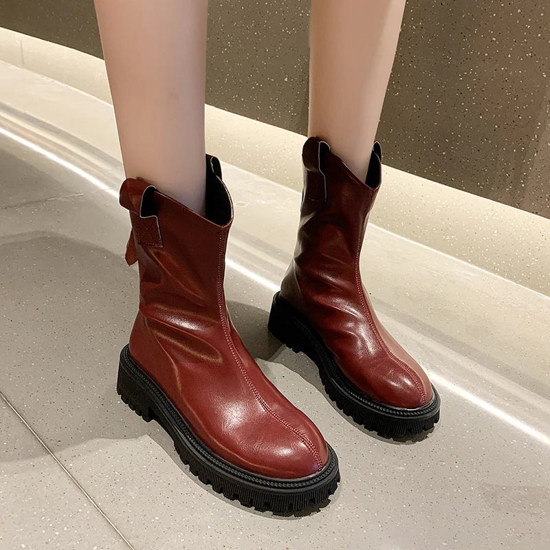 2021 women's ankle boots women's shoes mid-length boots flat soft PU leather boots shoes women's fashion autumn and winter