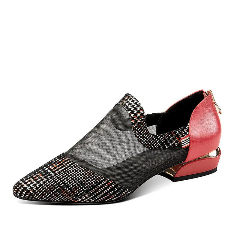 

Square Heel Shoe Woman 2020 NEW Spring Summer Low Heels Casual Mesh Work Shoes Pointed toe For Female Sandals Fashion Black Red