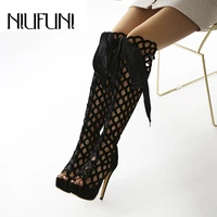 niufuni 2021 women knee high hollow stiletto boots womens platform shoes peep toe high heels cool boots sexy nightclub shoes