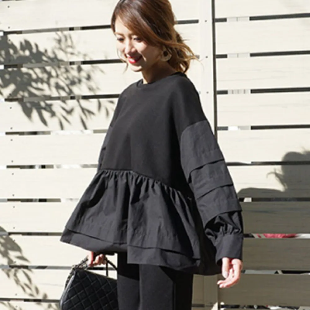 

Spring Long Sleeve Women Hoodie Korean Black Ruffles Patchwork Loose Pullover Tops Harajuku Oversized Sweatshirt Streetwear