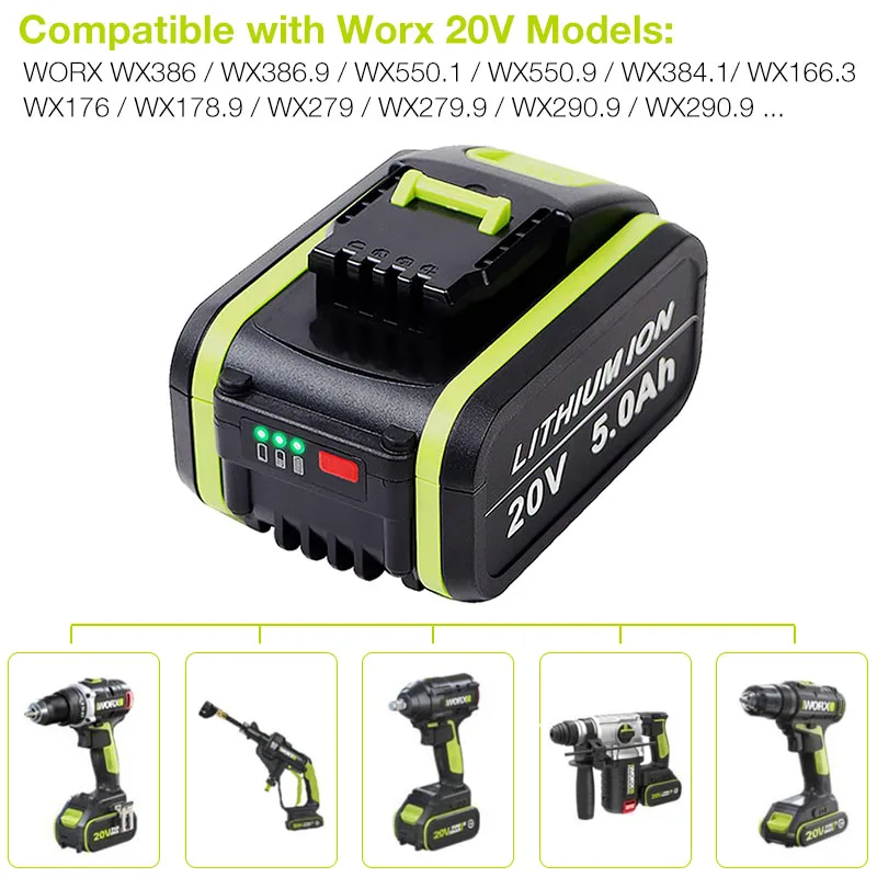Сменная литий-ионная аккумуляторная батарея 20 в 5 0 Ач для Worx WA3551 WA3553 WX390 WX176 WX550 WX386