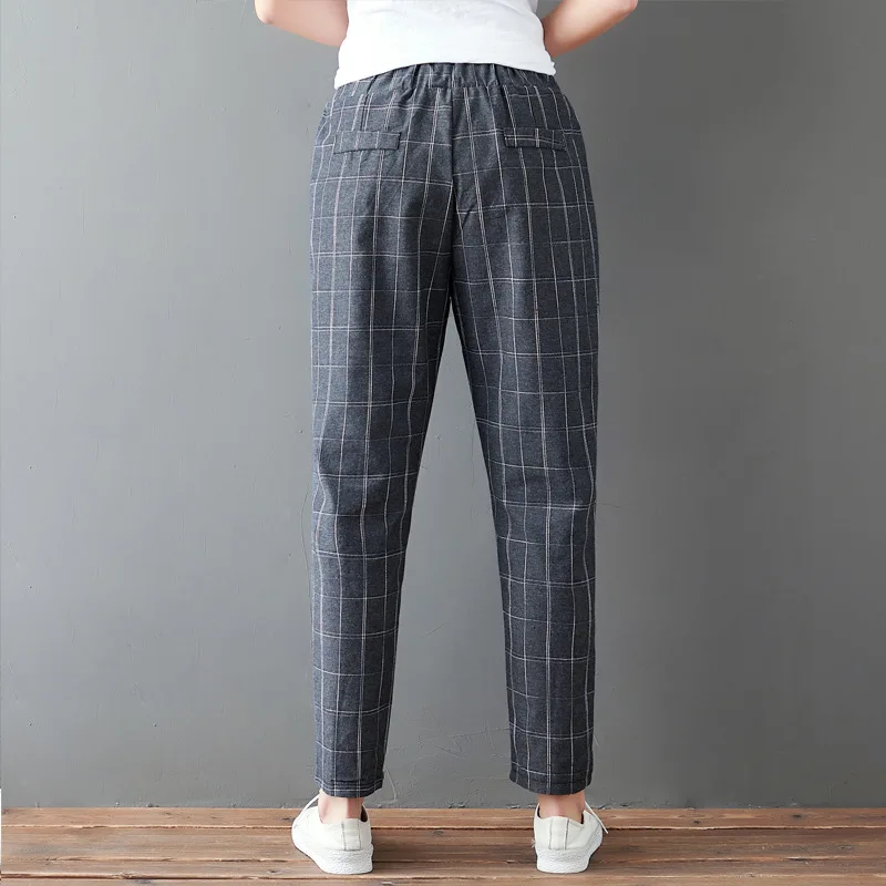 

Women Casual Pants Autumn Winter New Cotton And Linen Cotton Cropped Pants Loose British Style Elastic Waist Plaid Pants