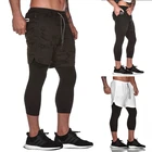 Двухслойные шорты, укороченные штаны для фитнеса, спортивные быстросохнущие дышащие облегающие брюки для бега