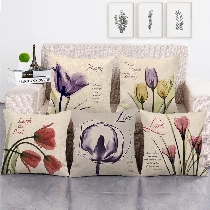 

Throw Pillows Linen Decorative Case Tulip Daisy Rose Flowers Cushion Cover Living Room Decoration Home Decor Pillowcase 45x45 Cm