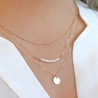 80 hot sale fashion women necklace stylish faux pearls polished coin charm pendant three layers necklace womans accesories