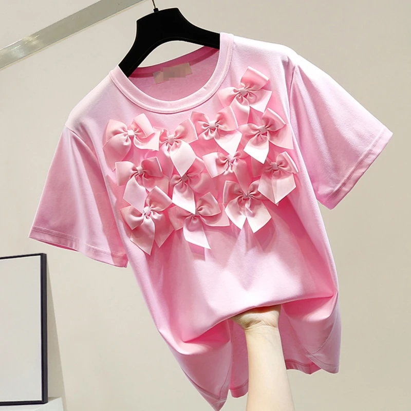 

Casual Patchwork T Shirts For Women O Neck Short Sleeve Female White Joker Bowknot Tops Fashion New Clothing Summer