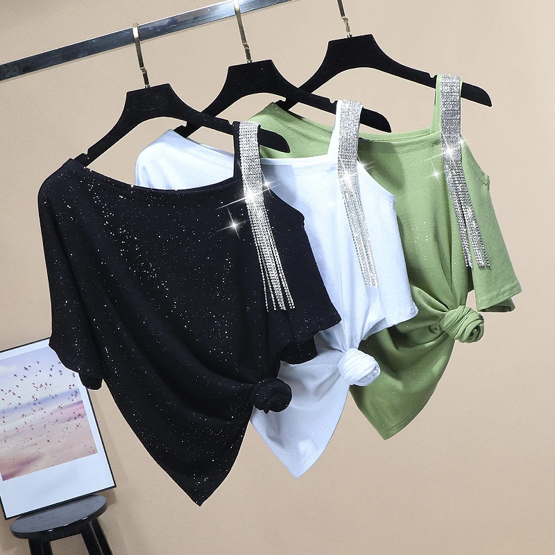 Женская футболка с открытыми плечами свободная коротким рукавом и косым