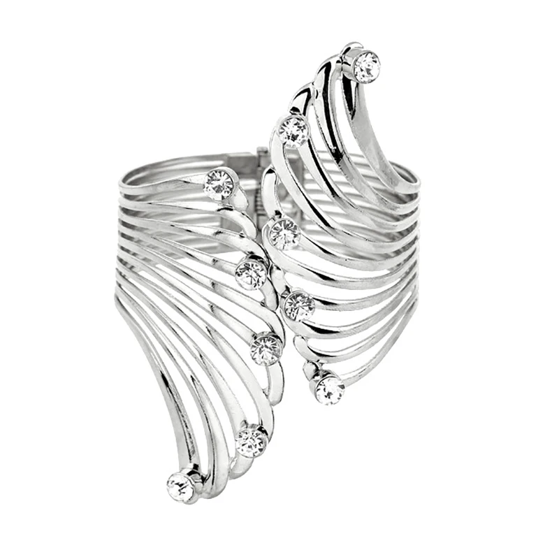 Silver white LZHLQ, модные, перьевые, стразы, браслеты для женщин,, брендовые ювелирные изделия, геометрические, полые, широкие, металлическое покрытие, манжета, браслет - Окраска металла: Silver white