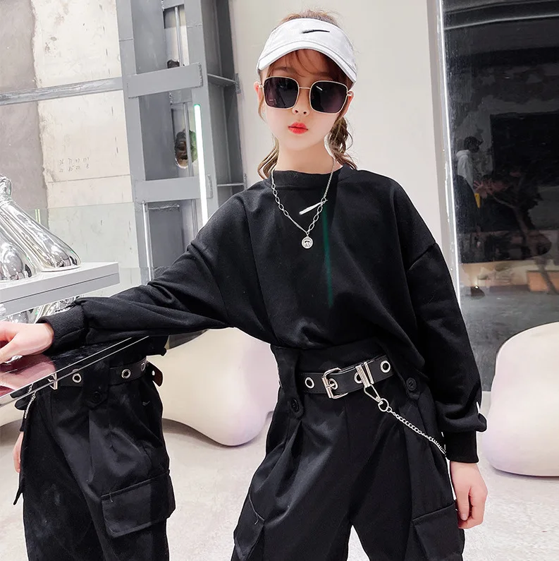 Girls Sports Loose Set 2021 New Children's Hip-hop Performance Clothes Girls Long-sleeved Sweater + Kids Letter Loose Trousers