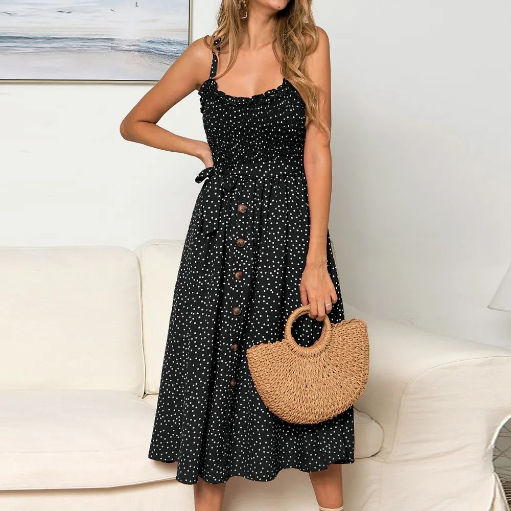 

Muyogrt Sexy Summer Sleeveless Dress Women Strapless Bow Button Loose Bandage Pleated Polka Dot Sundress Backless Vestidos