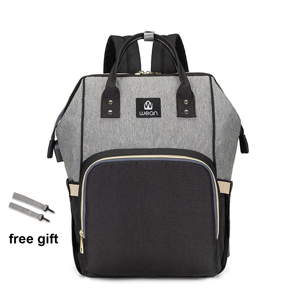 black and grey Сумка для подгузников, коляска с крючком, USB детские сумки, рюкзак, сумка для подгузников, водонепроницаемая сумка для беременных, дорожная сумка для кормления, сумка для детской коляски - Цвет: black and grey