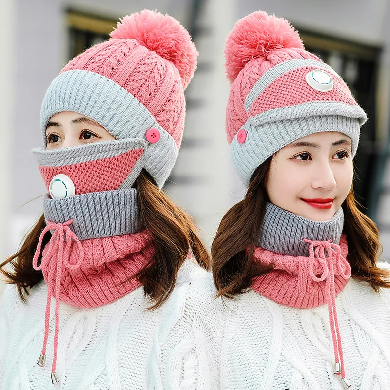 

2021 New Winter Women's Breathing Valve Mask With Fleece Outdoor Cycling Wool Knitted Warm Hat With Earflaps