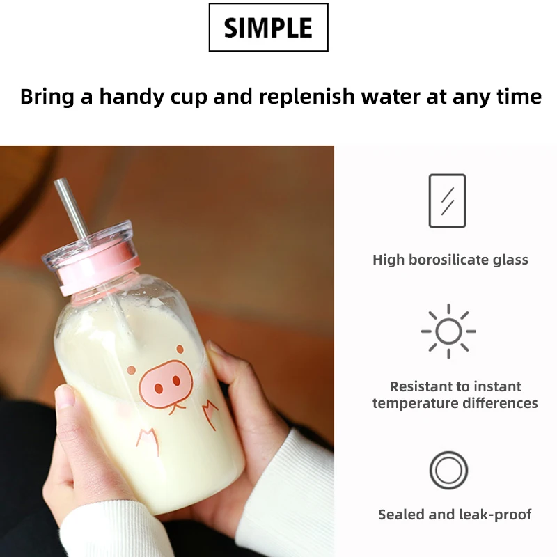 Creative Pig Water Cup Glass Bottles Kawaii Bottle Eco Friendly with a Straw Glasses Cute My Cups Waterbottle | Дом и сад