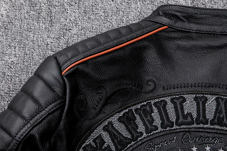 Black Men Skulls Embroidery Motorcycle Leather Jacket Plus Size XXXXL Genuine Cowhide Spring Slim Fit Biker's Leatther Coat