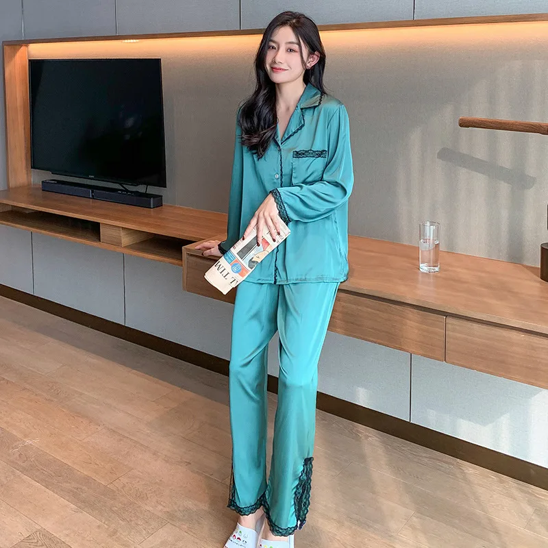 

Pajamas Women Pyjamas Buttons-Down Sleep Set Lace Side Split Sleepwear Spring Summer Home Clothing Satin Comfy Loungewear PJS