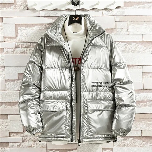 New Winter Men Jacket lapel Fashion Glossy Cotton Thermal Thick Warm Parkas Male Casual Outwear Windbreaker Clothing - Цвет: Серебристый