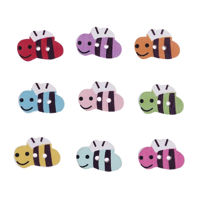 

C5AC 100 Pcs Cartoon Colorful Bee Buttons 2 Holes Printed Wooden Buttons for Sewing