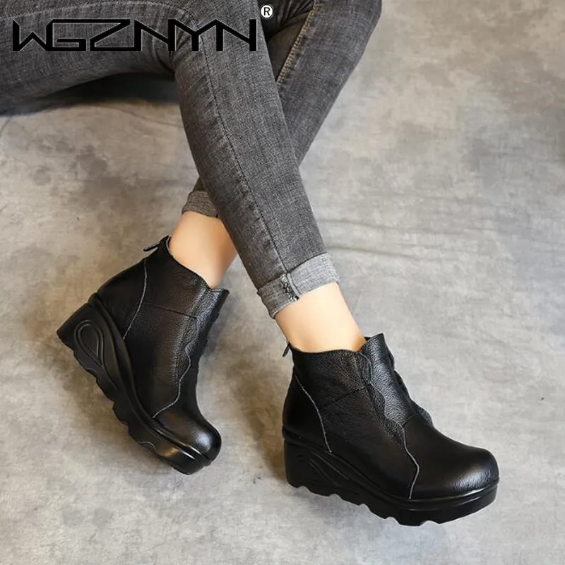 

New Autumn Winter Women Snow Boots Leather Boots Feet Bare Casual Leather Large Size Women Boots Platform Shoes Zapatos De Mujer