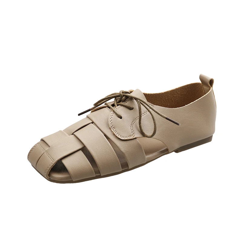 

SLHJC Womens Soft Leather Sandals Comfortable Flat Shoes Non-Slip Hollow Closed Toe Summer Sandals