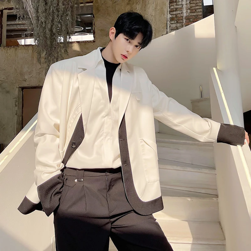 

Cool Men's Loose Blazers Jacket Single Breasted Black White Mixed Color Long Sleeve Coat K2