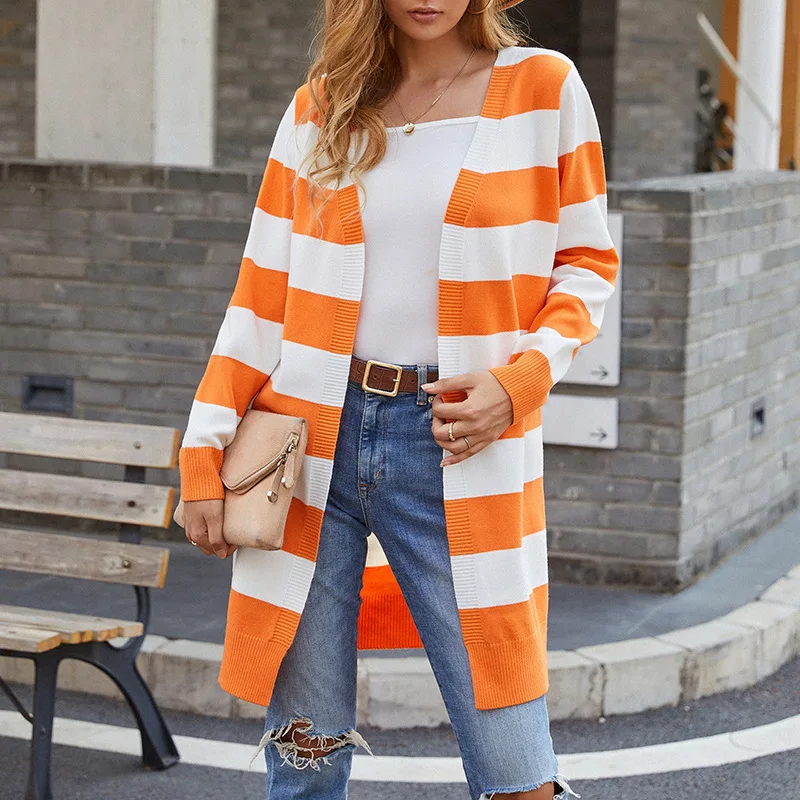 

Winter Women Sweaters Full Sleeve Long Cardigan Striped Color Knitted Autumn Spring Female Open Stitch Fashion Office Lady C3307