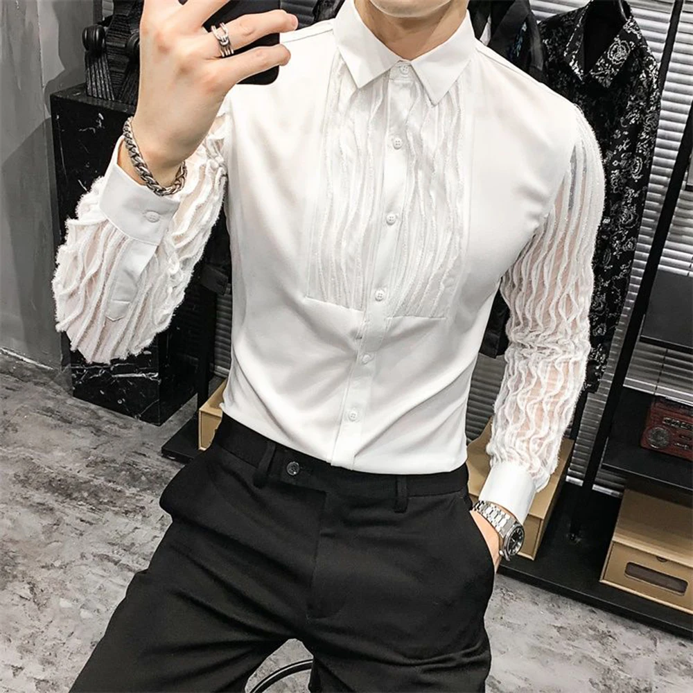 

White Black Ruched Long Sleeve Vintage Shirt Men Gothic Renaissance Medieval Shirt Solid Male Top Shirt Blouse