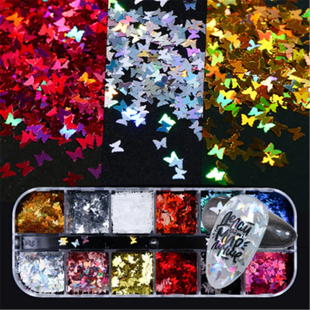 Голографическая Бабочка для ногтей 12 сеток/набор блестящие хлопья 3D цветные