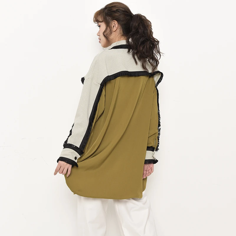 

Contrast Color Women Burr Big Size Long Blouse New Lapel Long Sleeve Loose Fit Shirt Fashion Spring Autumn 2021 1DA3000