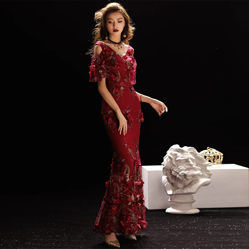 

Luxury Wine Red Mermaid Dresses For Engagement Elegant V-neck Off The Shoulder 3D Beaded Flower Lace Long Women Evevning Gowns