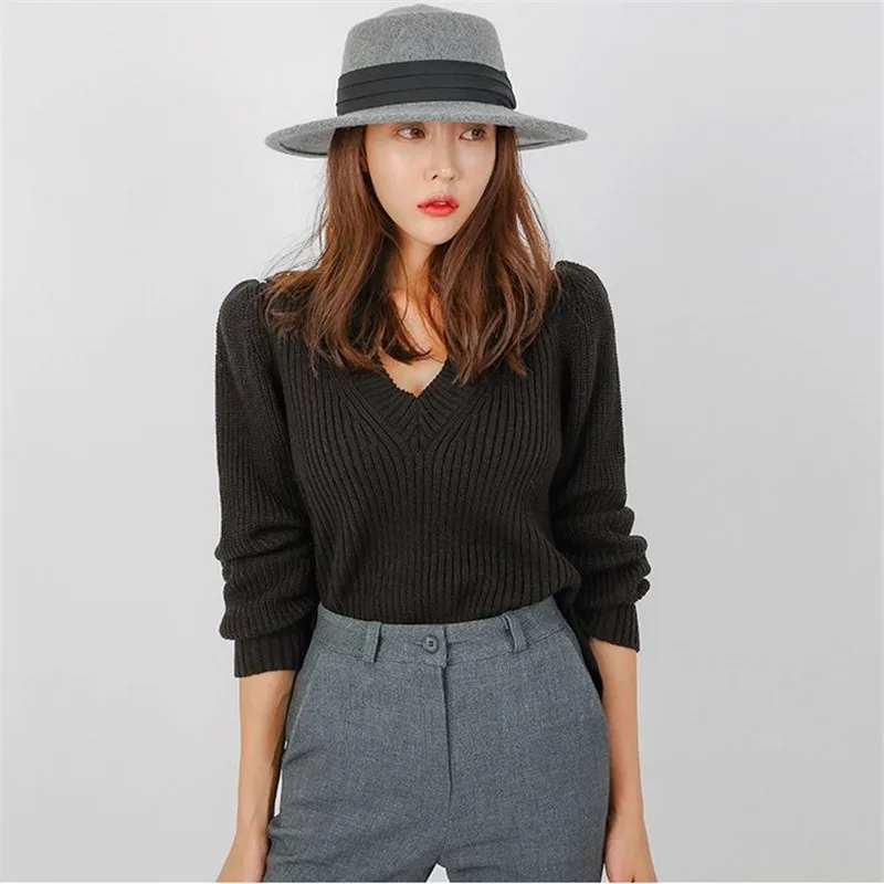 2019 autumn winter women's sweater v neck long sleeve lace up knitted tops korea P347 | Женская одежда