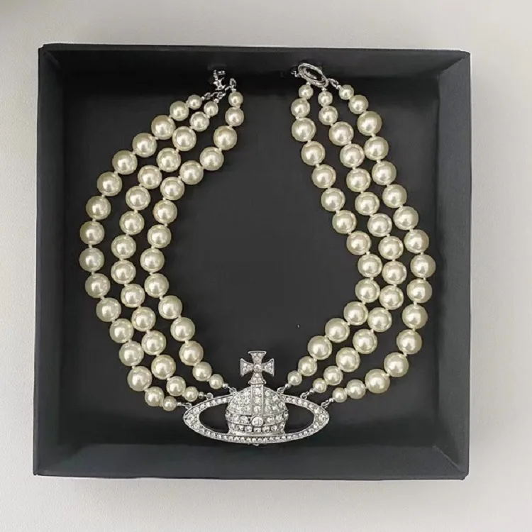 

Timeless Wonder Shiny Zirconia Saturn Layered Imitation Pearl Necklace Statement Designer Jewelry Goth Punk Runway Rare Mix 3622
