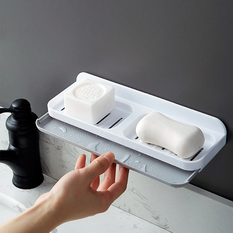 

Simple Style Wall-mounted Toilet Drain Soap Holder Creative Free Punch Hole Suction Cup Double Drainage Drawer Soap Box with Lid