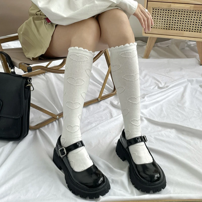 

Lolita White Cotton Socks Women JK High Knee Socks Female Heart Long Stockings Leg Girls Streetwear Dress Calcetine mujer