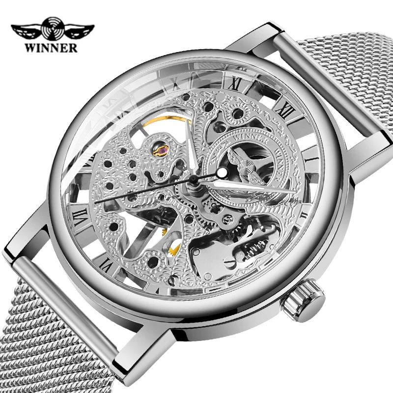 Роскошные мужские механические часы Скелетон WINNER прозрачный чехол повседневный